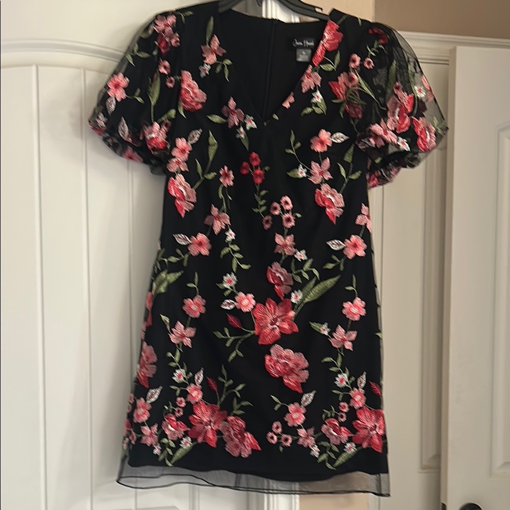 Floral Black Dress with Pink and Red Flowers